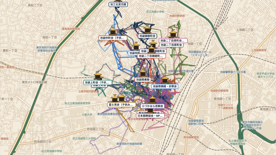 ふくろ祭りの神輿が歩いた道のり(運行の記録の地図)